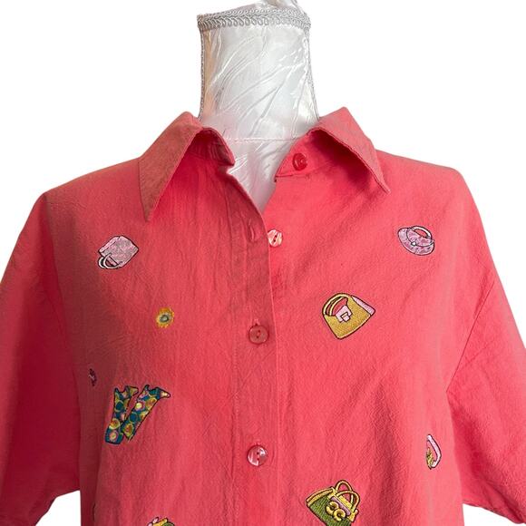 Vintage Coral Pink Embroidered Button-Up Shirt Whimsical Cotton Top Sz Large - Picture 5 of 14
